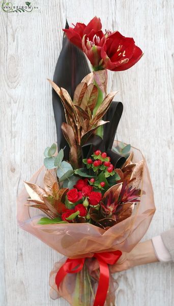 flower delivery Budapest - Tall bouquet with amaryllis, and bronze leafs