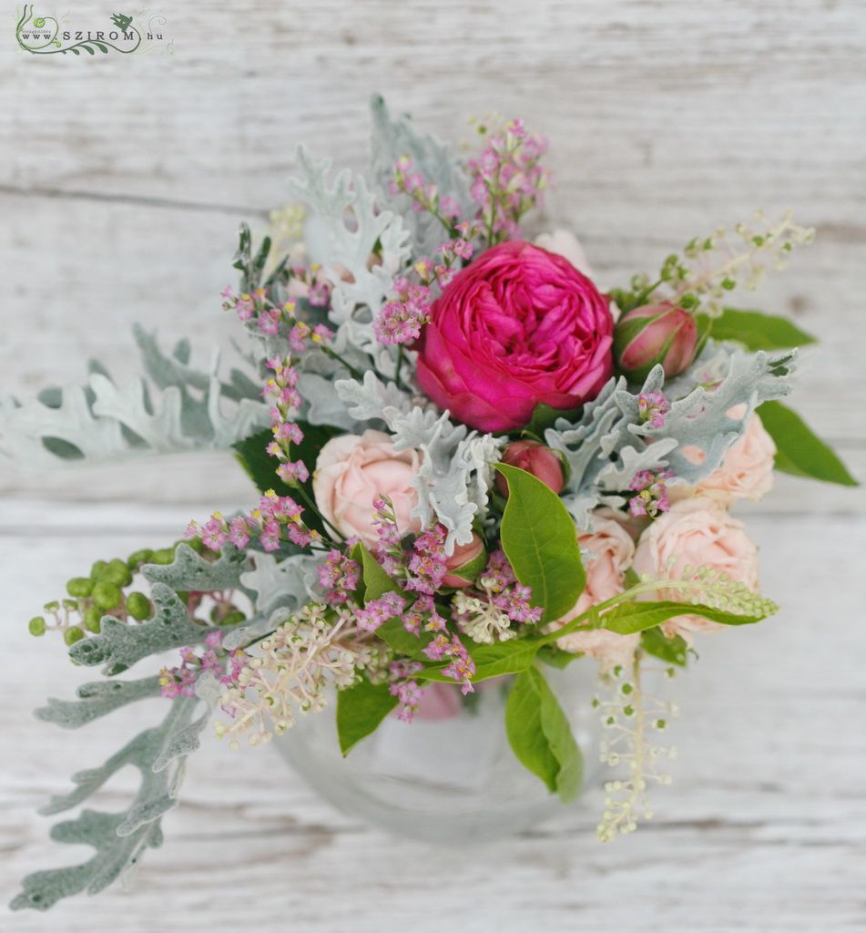 flower delivery Budapest - Centerpiece (English rose, limonium, pink), wedding