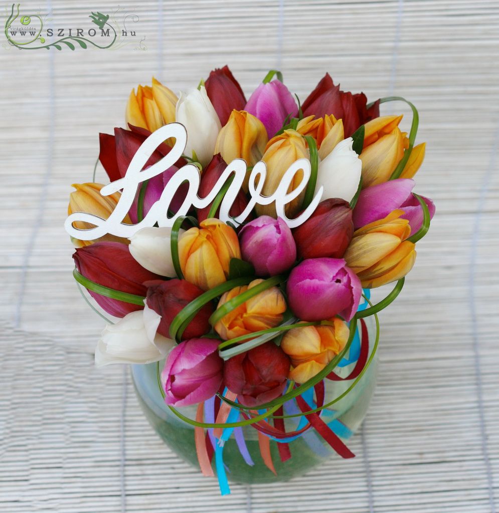 flower delivery Budapest - Centerpiece with colorful tulips in glass ball, wedding
