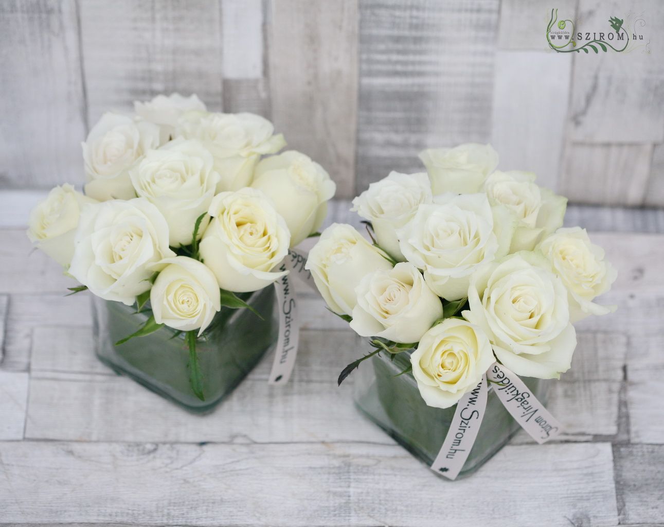 flower delivery Budapest - Flower arrangement in glass cube with white roses, wedding