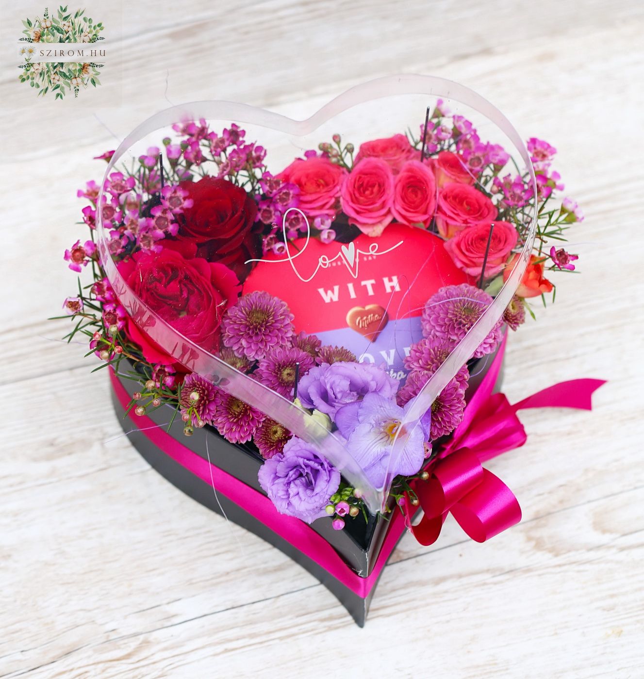 flower delivery Budapest - Transparent lid heart box with Milka chocolate, colorful flowers