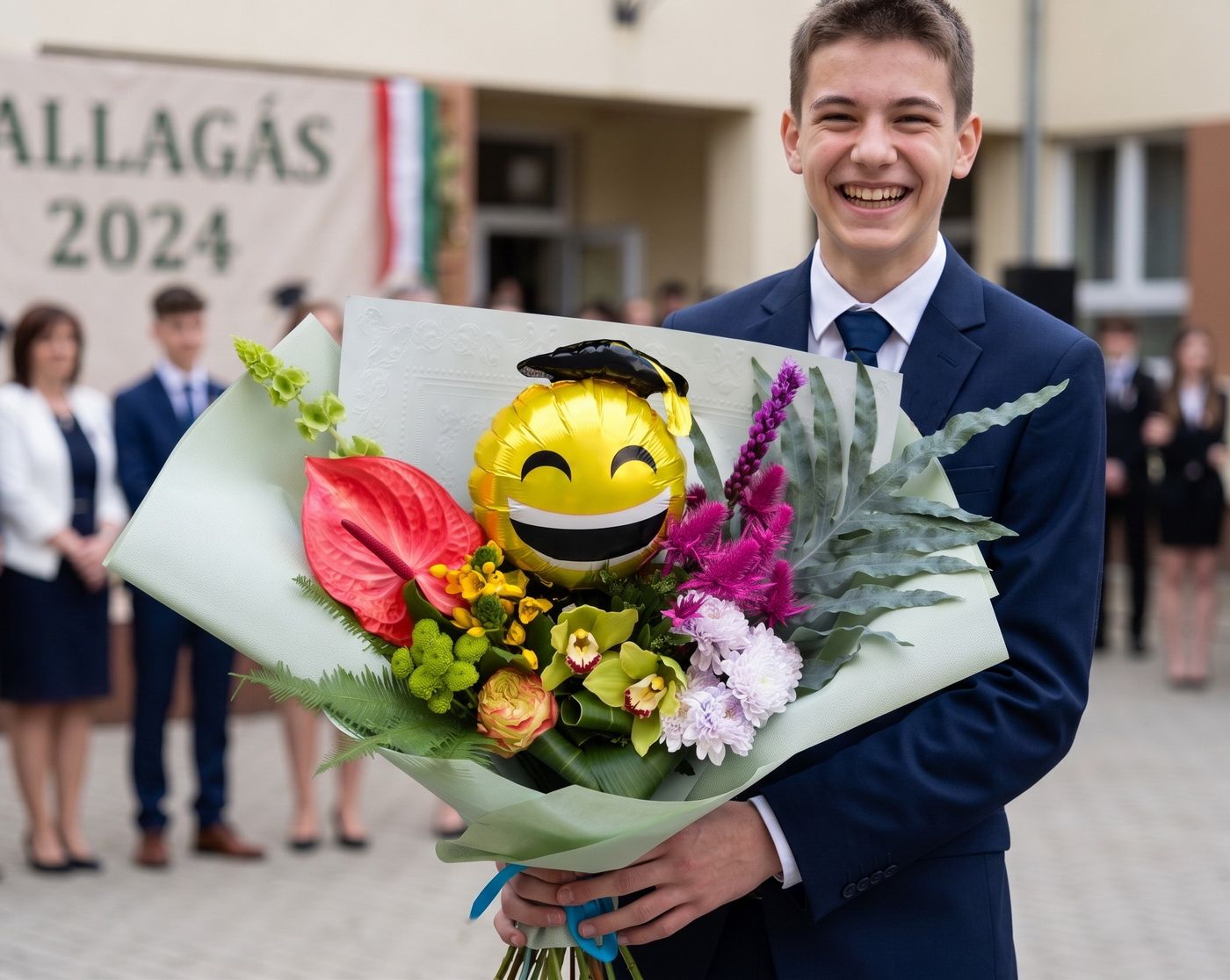 Blumenlieferung nach Budapest - Abschlussstrauß mit Smiley-Ballon und tropischen Blumen