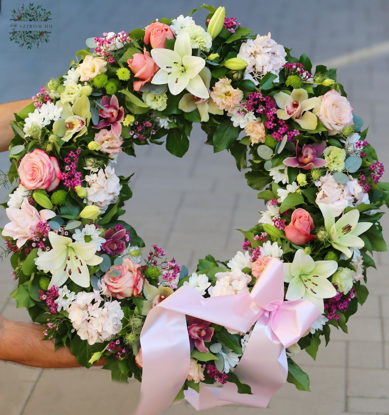 flower delivery Budapest - Ivy wreath with lilies and pink flowers 70cm