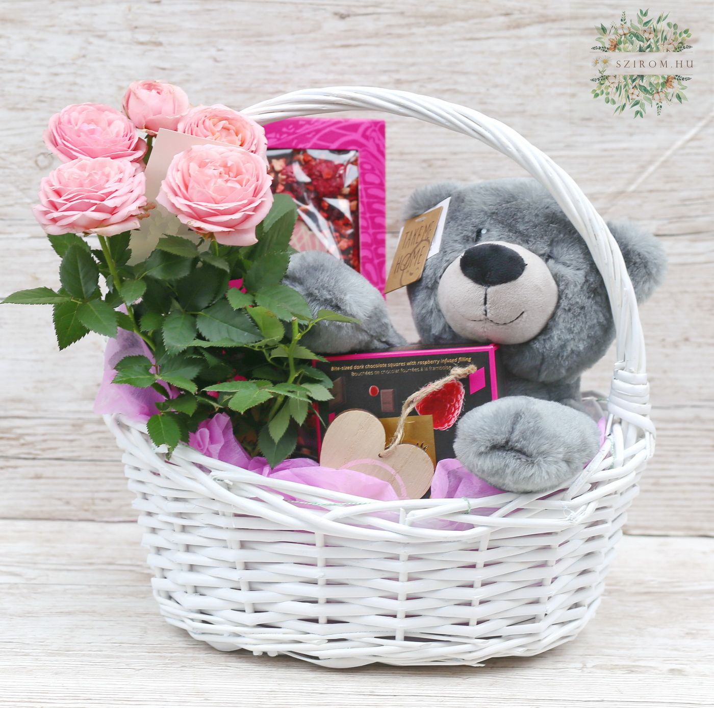 flower delivery Budapest - girly gift basket with roses, teddy bear and chocolates