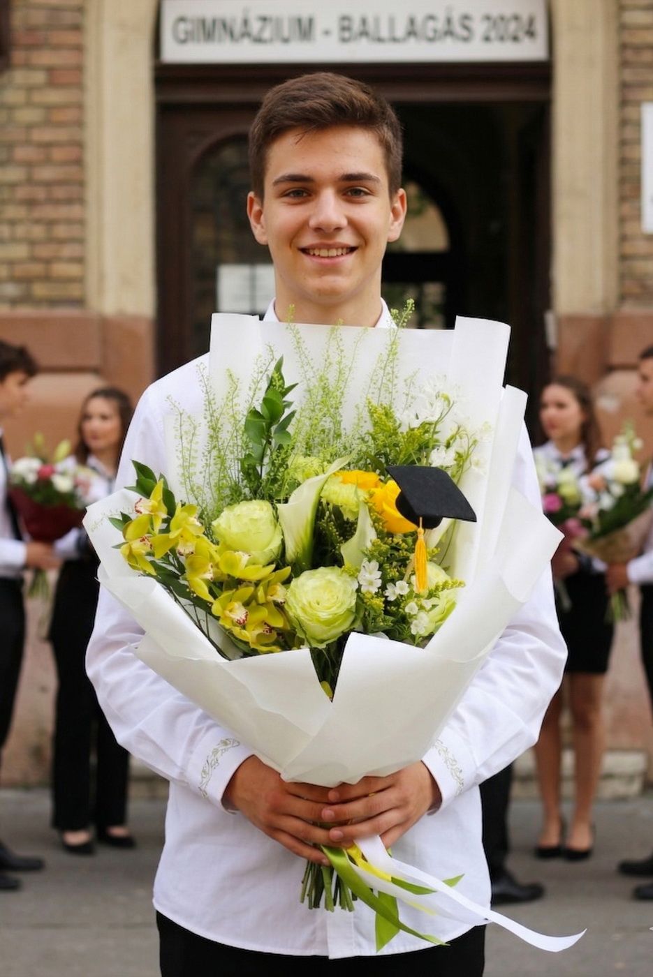 flower delivery Budapest - Graduation bouquet for a boy with green cymbidium, yellow  and green rose