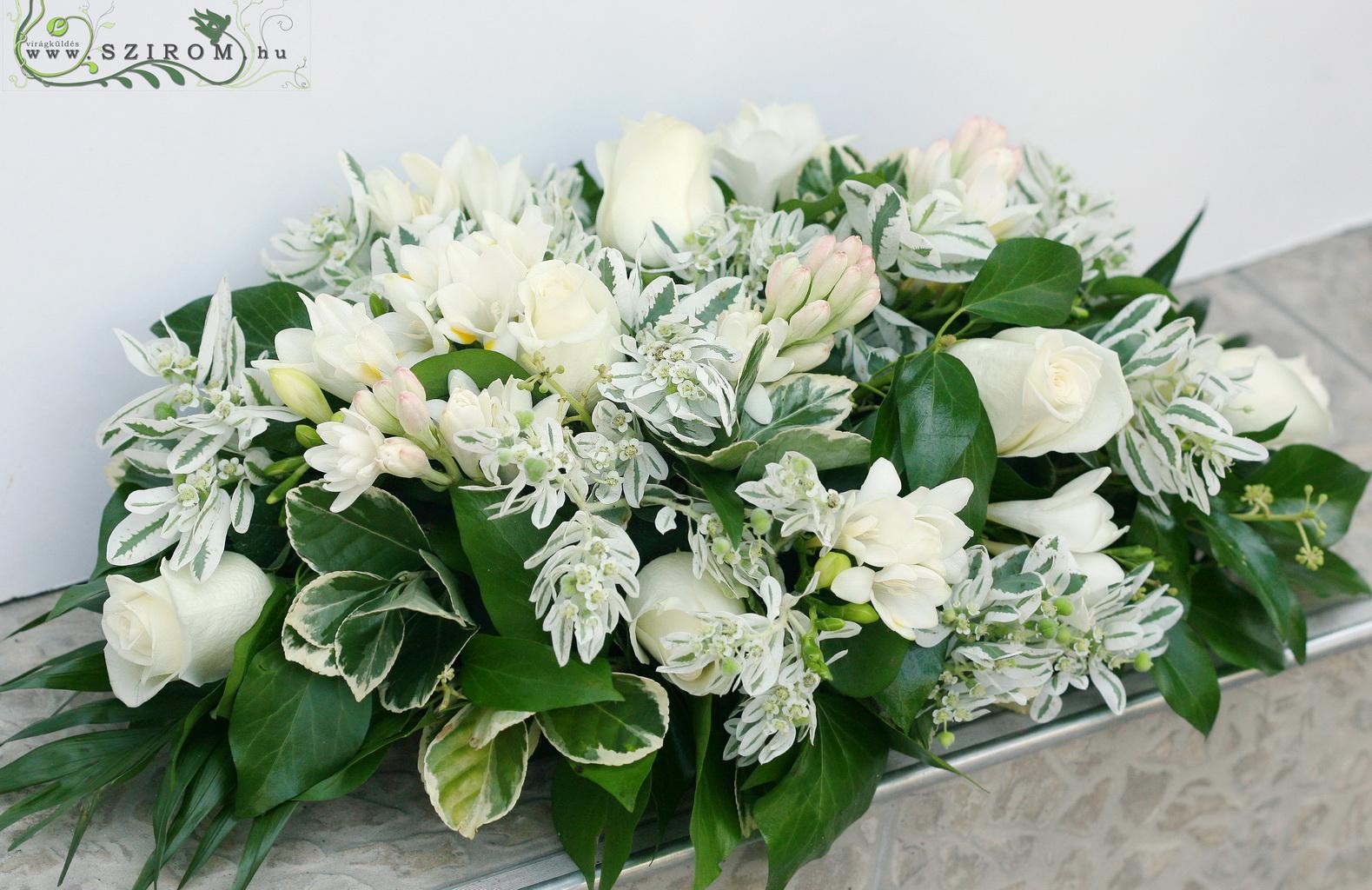 flower delivery Budapest - Main table centerpiece (white rose, tuberose, freesia, euphorbia snow on the mountain), wedding