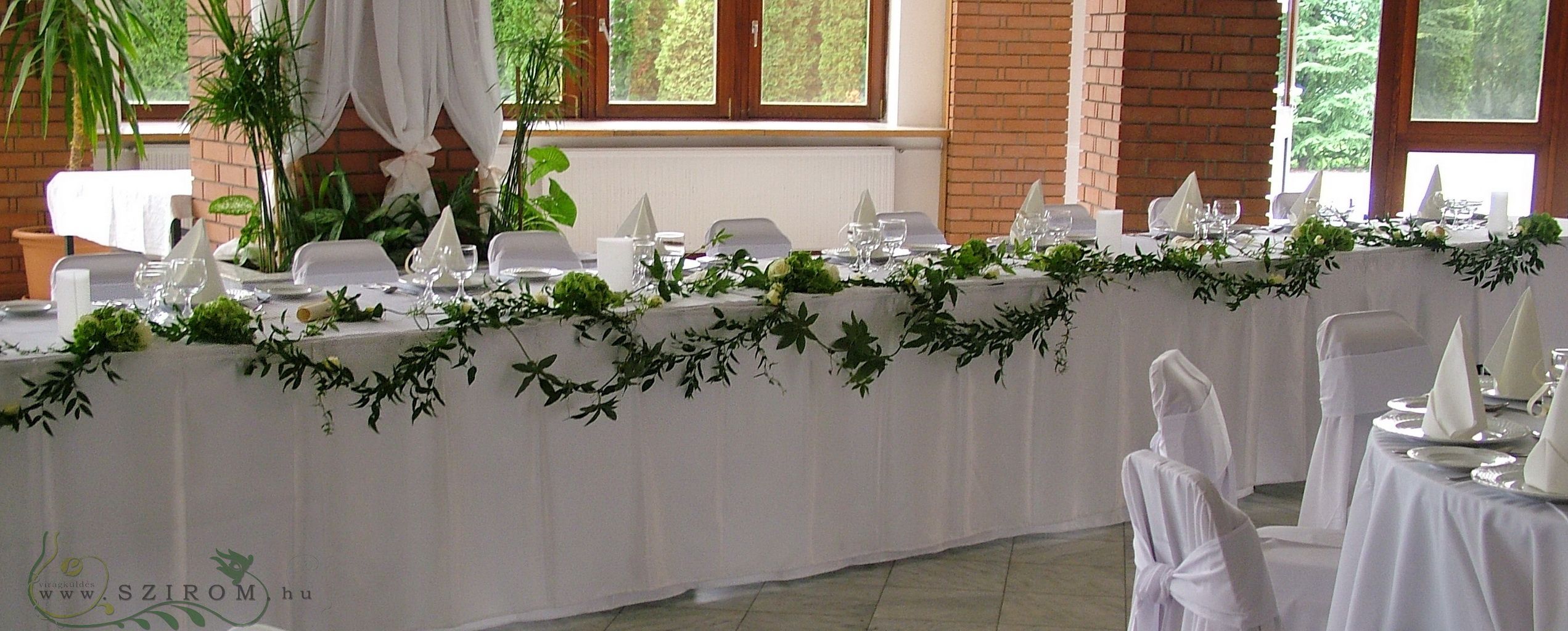 flower delivery Budapest - Main table centerpiece Móricz High school (green, white, passion flower, hydrangea, rose, ruscus), wedding