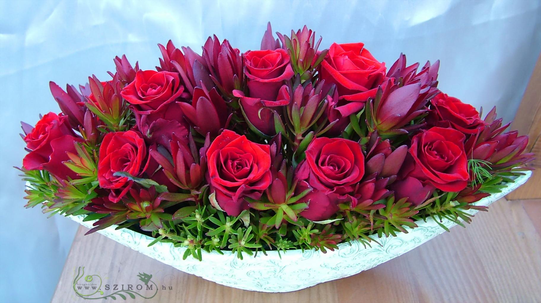 flower delivery Budapest - Main table centerpiece (roses, leucadendron, red), wedding
