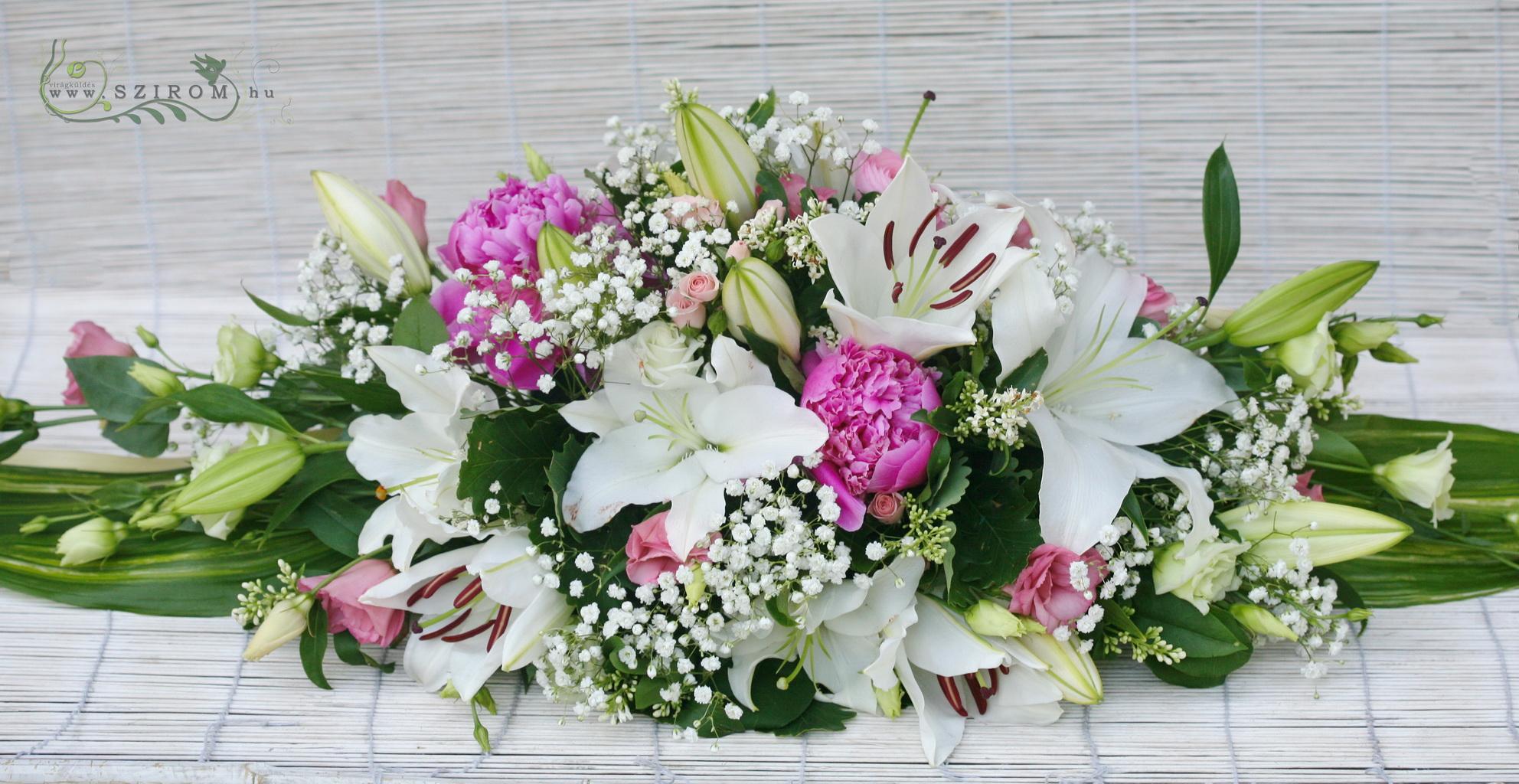 flower delivery Budapest - Main table centerpiece with peonies and lilies, pink, white, wedding