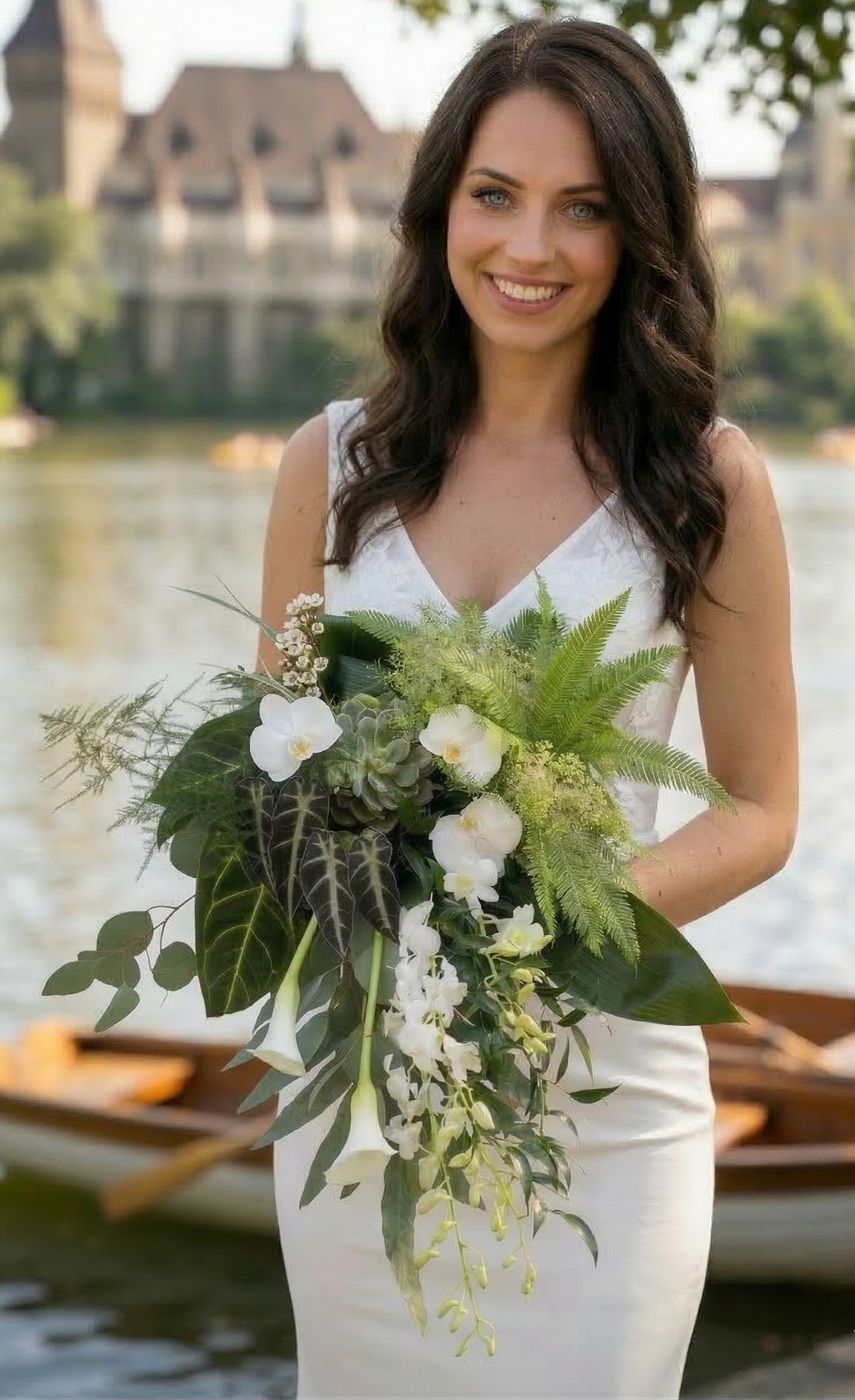 Blumenlieferung nach Budapest - greenery Brautstrauß mit Orchidee, Calla (Dendrobium, Phalaenopsis)