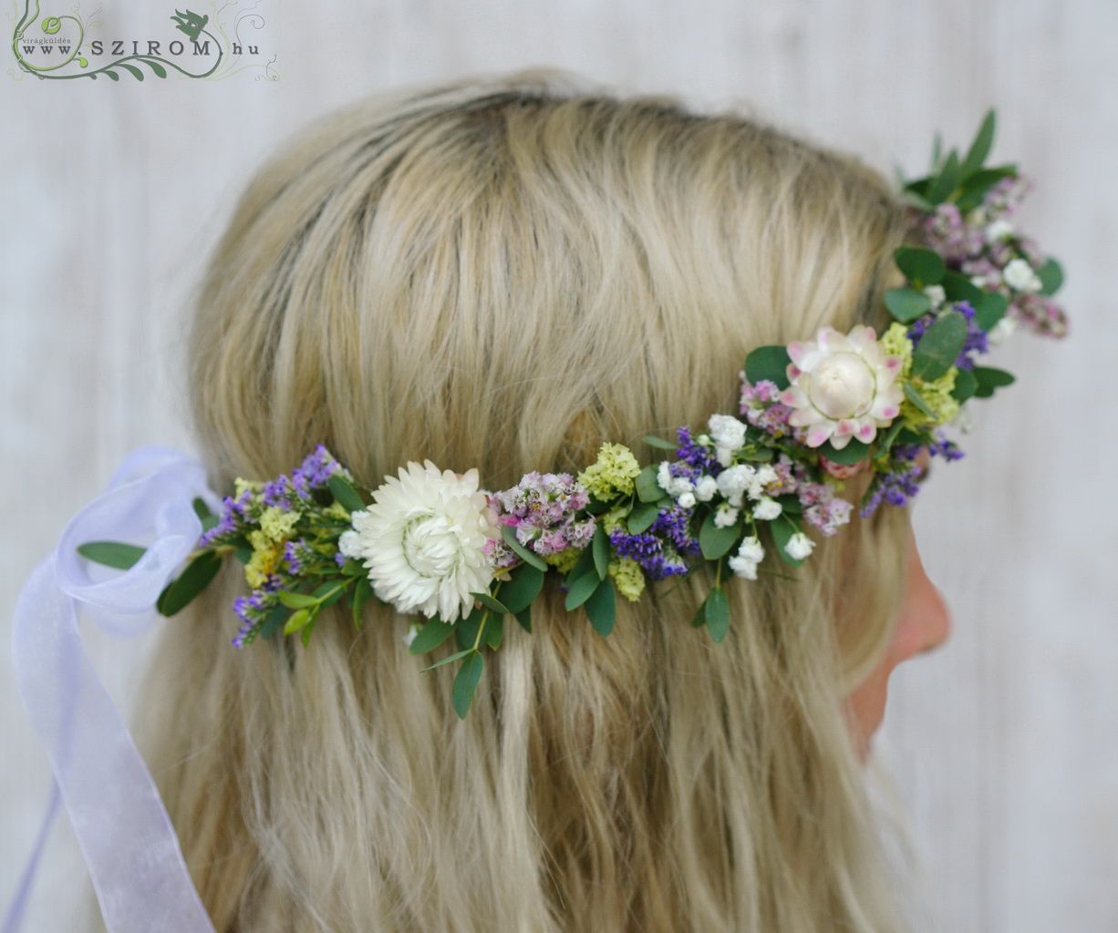 flower delivery Budapest - hair wreath with limonium (strawberry, limonium, white, purple, pink, yellow)