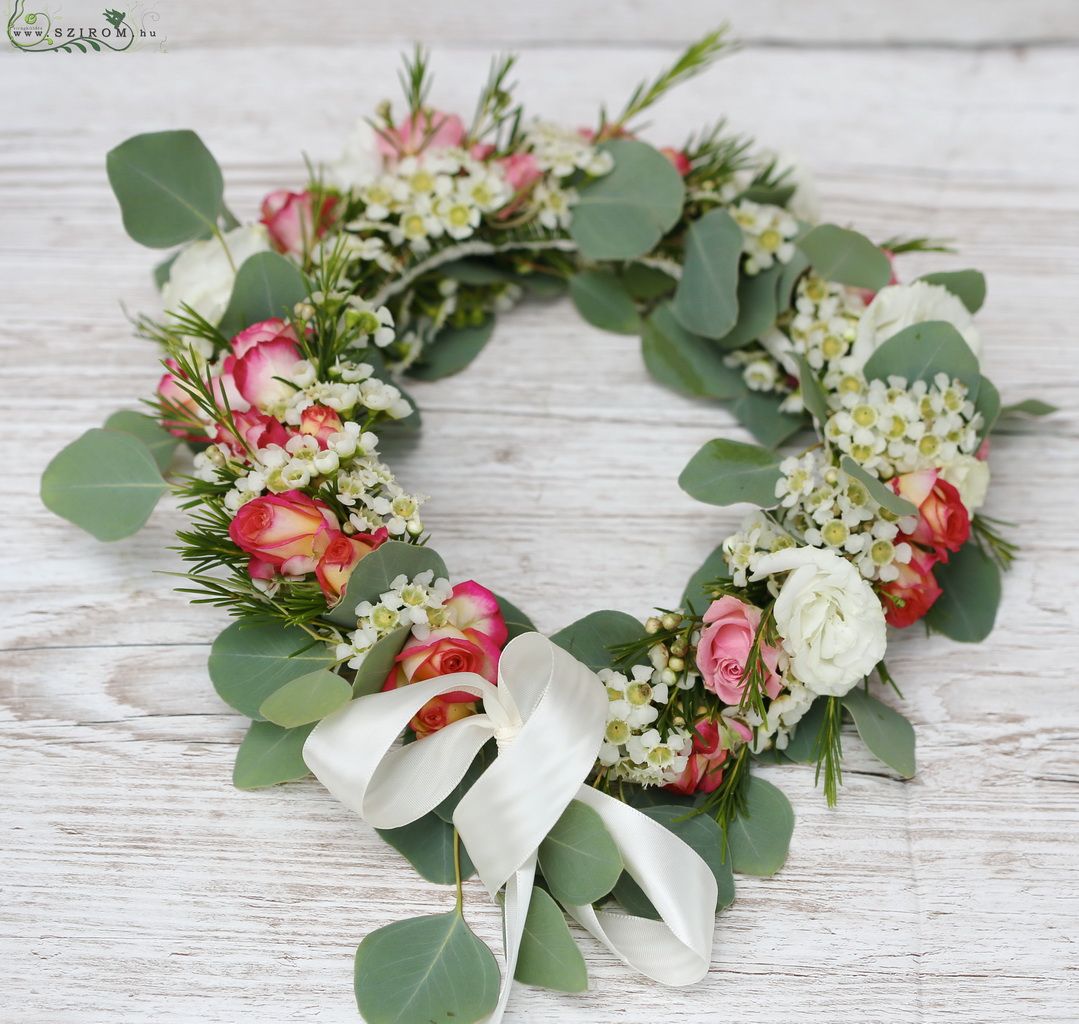 flower delivery Budapest - Hair wreath (spray rose, wax flower, eucalyptus, white, pink)