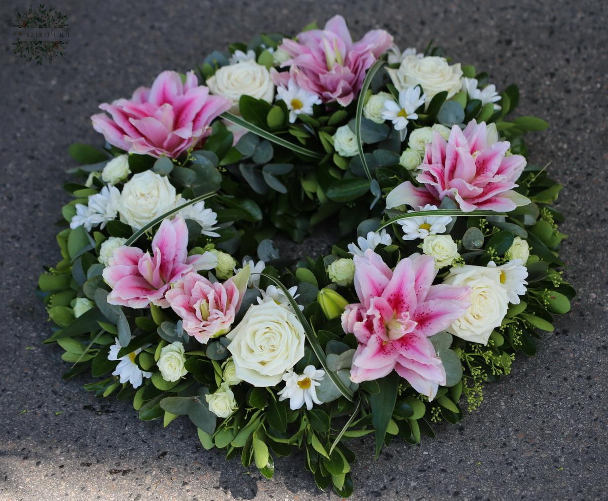 flower delivery Budapest - wreath with pink lilies and roses (47cm)