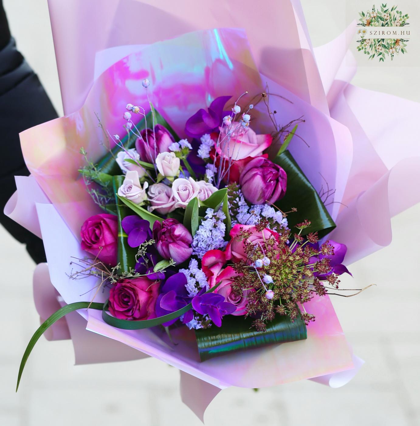 flower delivery Budapest - Purple bouquet with tulips and roses  (12 stems)
