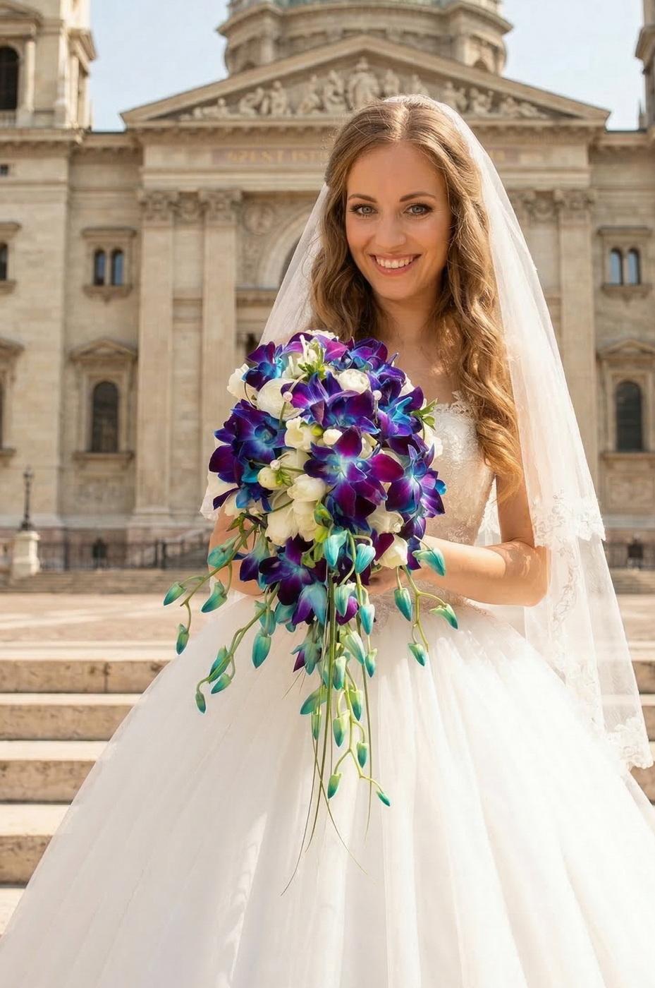 flower delivery Budapest - drop shape bridal bouquet (dendrobium, ranunculus, blue, white)