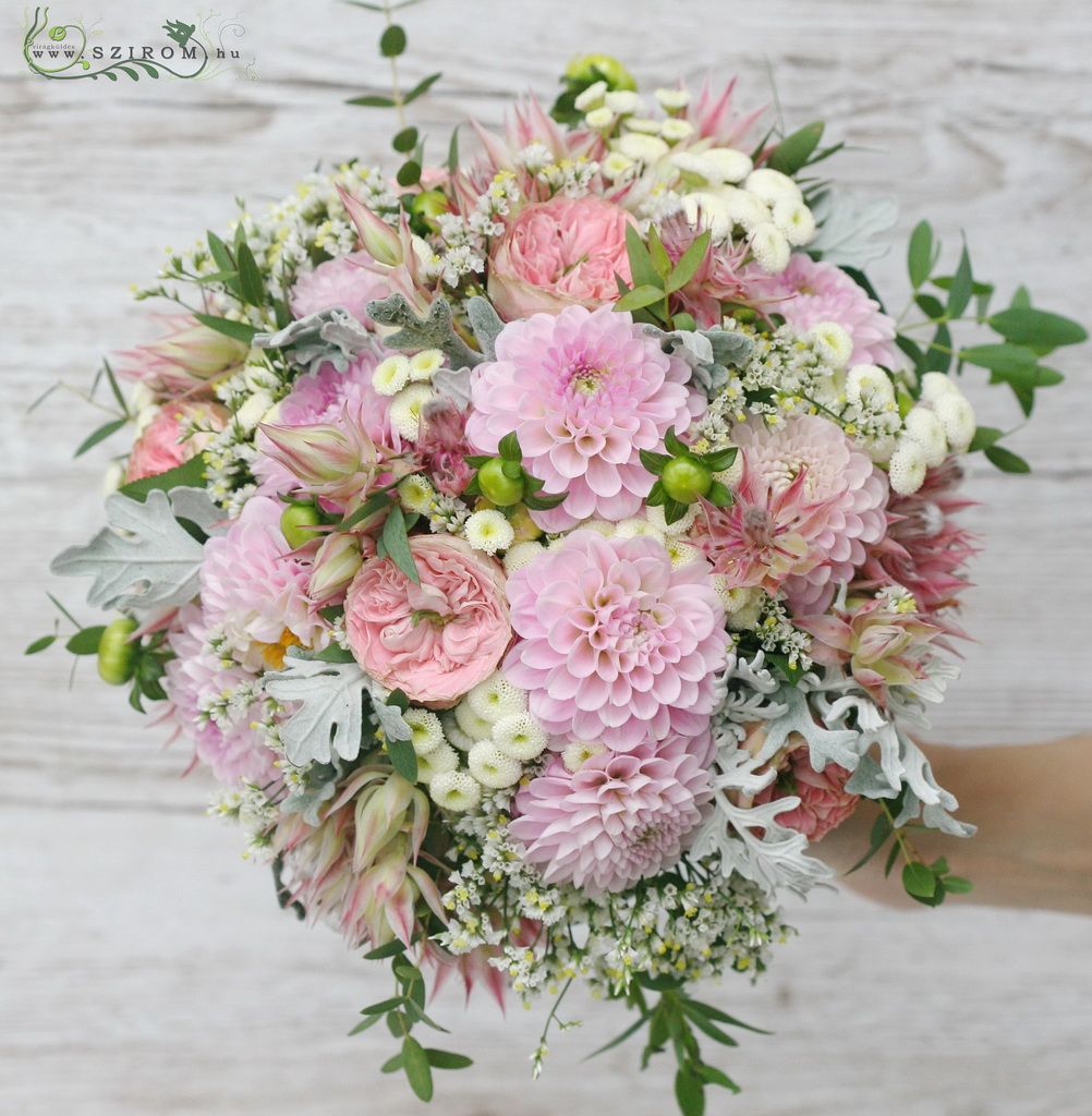 flower delivery Budapest - bridal bouquet ( english roses, protea, dahlia, matricaria, pink)