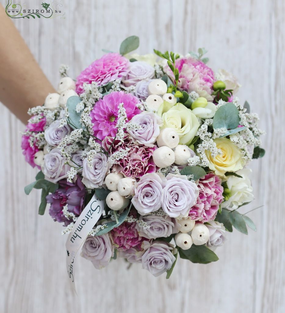 flower delivery Budapest - Bridal bouquet (dahlia, rose, spray rose, carnation, fresia, white, lilac)