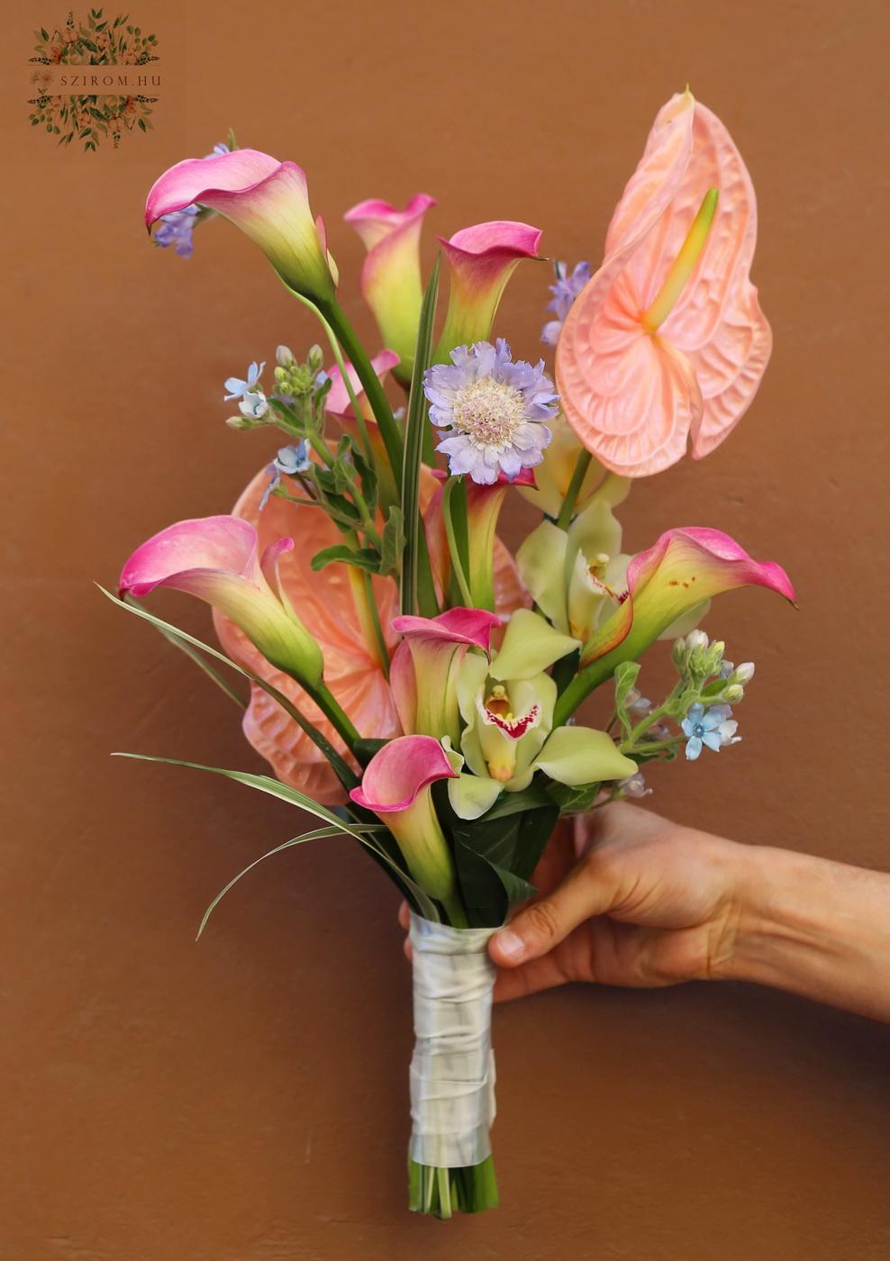 flower delivery Budapest - Bridal bouquet (anthurium, calla lily, cymbidium, oxypetalum, scabiosa)