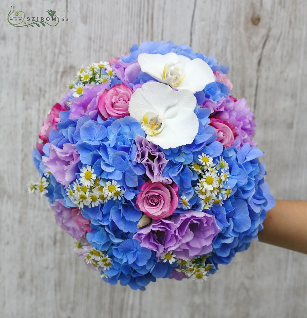 flower delivery Budapest - bridal bouquet (hydrangea, roses, phalaenopsis orchidea, chamomilla, purple, blue, white)