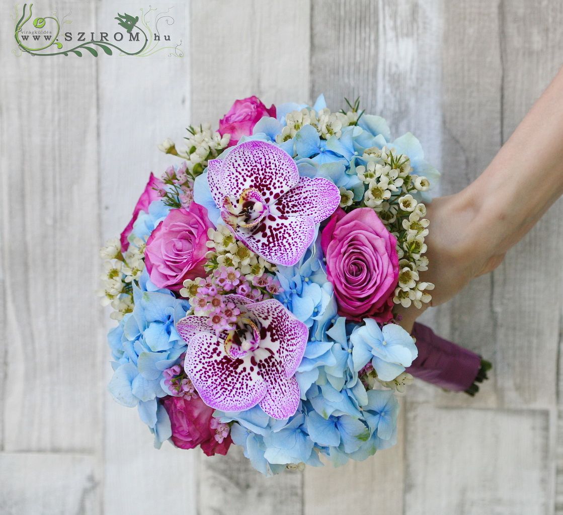 flower delivery Budapest - bridal bouquet (hortensia, rose, wax, phalaenopsis, blue, pink, purple)