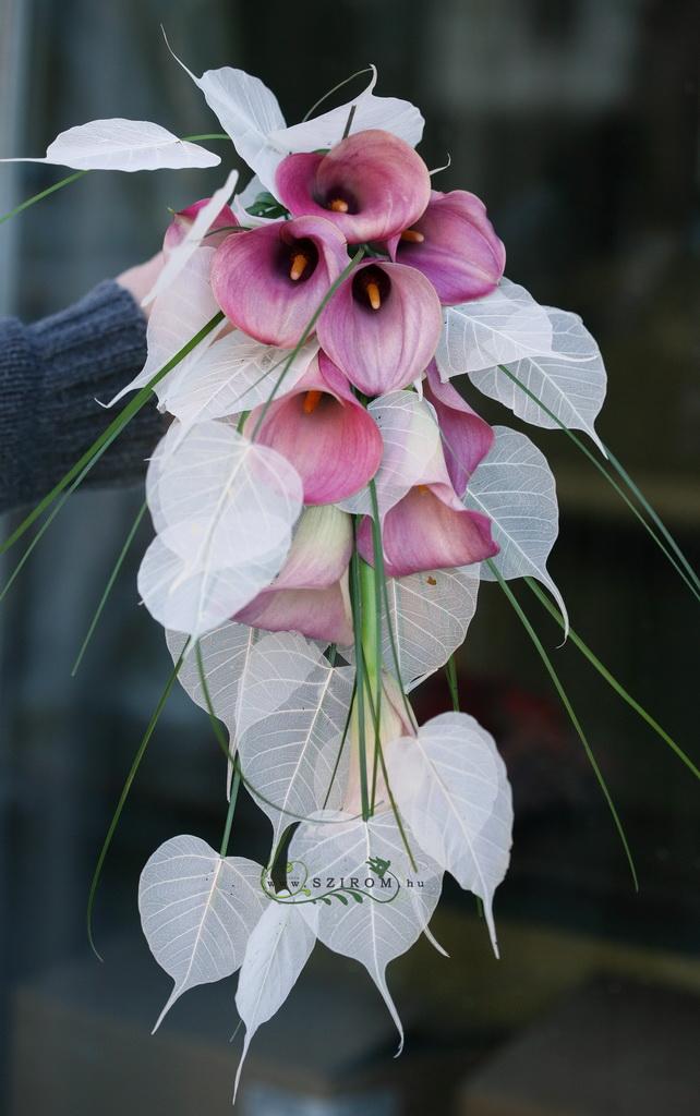 flower delivery Budapest - bridal bouquet (calla, transparent leaf, white, pink)