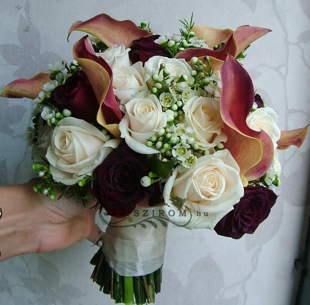 flower delivery Budapest - Bridal bouquet of callas, roses and waxflowers (white, red, peach, red)