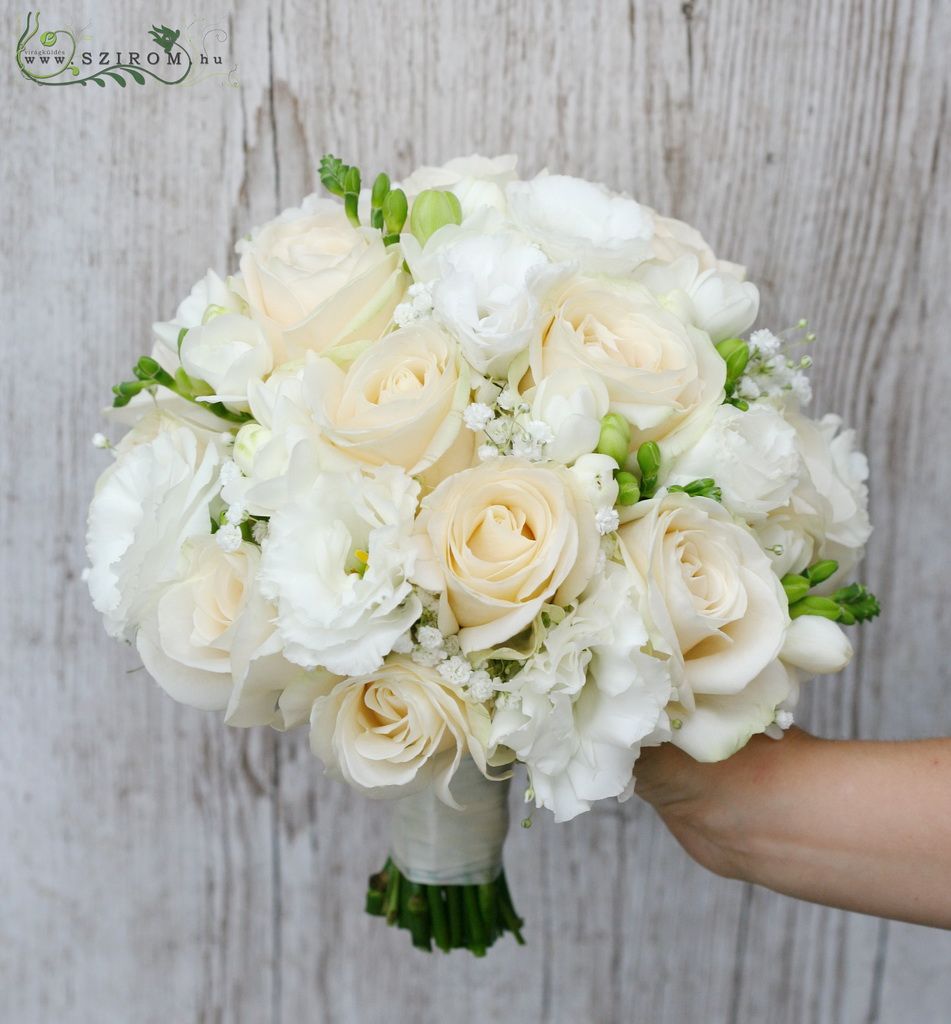 flower delivery Budapest - bridal bouquet (lizianthus, roses, baby breath, freesia, white, peach)