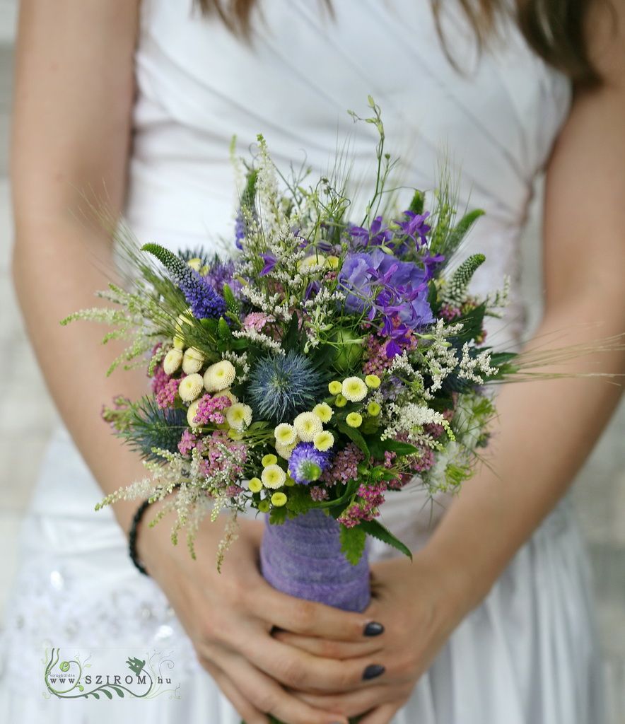 flower delivery Budapest - Bridal bouquet with meadow flowers (veronika, matricaria, eryngium, sedum, blue)