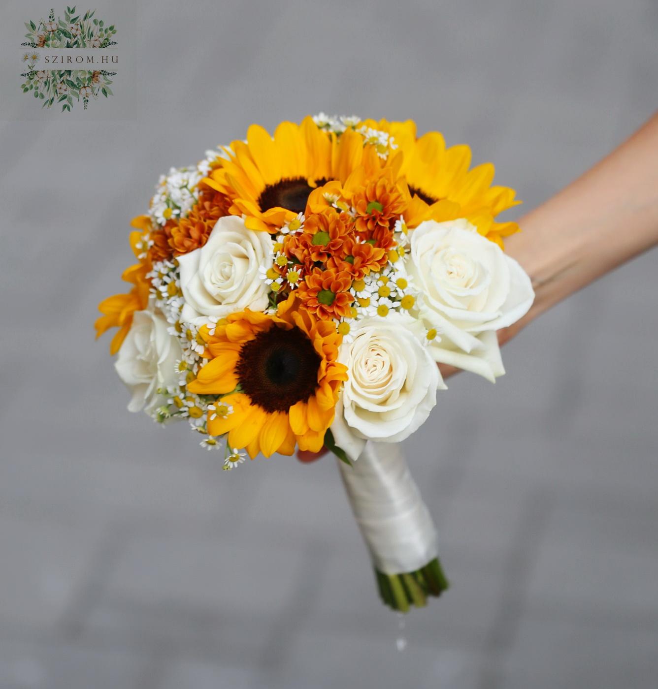 flower delivery Budapest - Bridal bouquet (sunflower, rose, chamomile, santini; yellow, white)