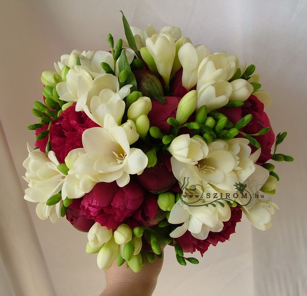 flower delivery Budapest - Bridal bouquet with peonyes and freesias (white, red)