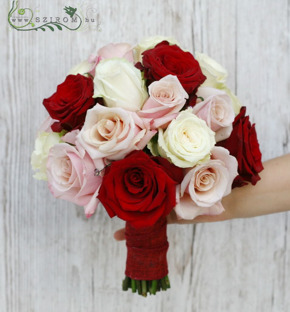 flower delivery Budapest - bridal bouquet (roses, red, white, pink)