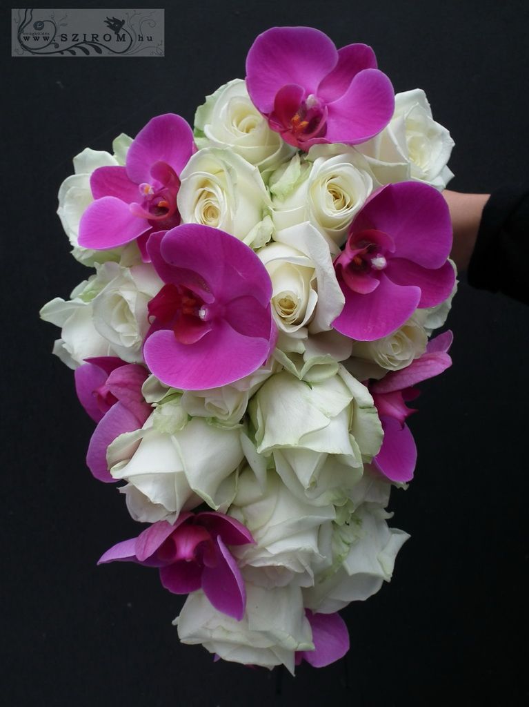 flower delivery Budapest - Bridal bouquet with roses and orchids, teardrop (white, pink)
