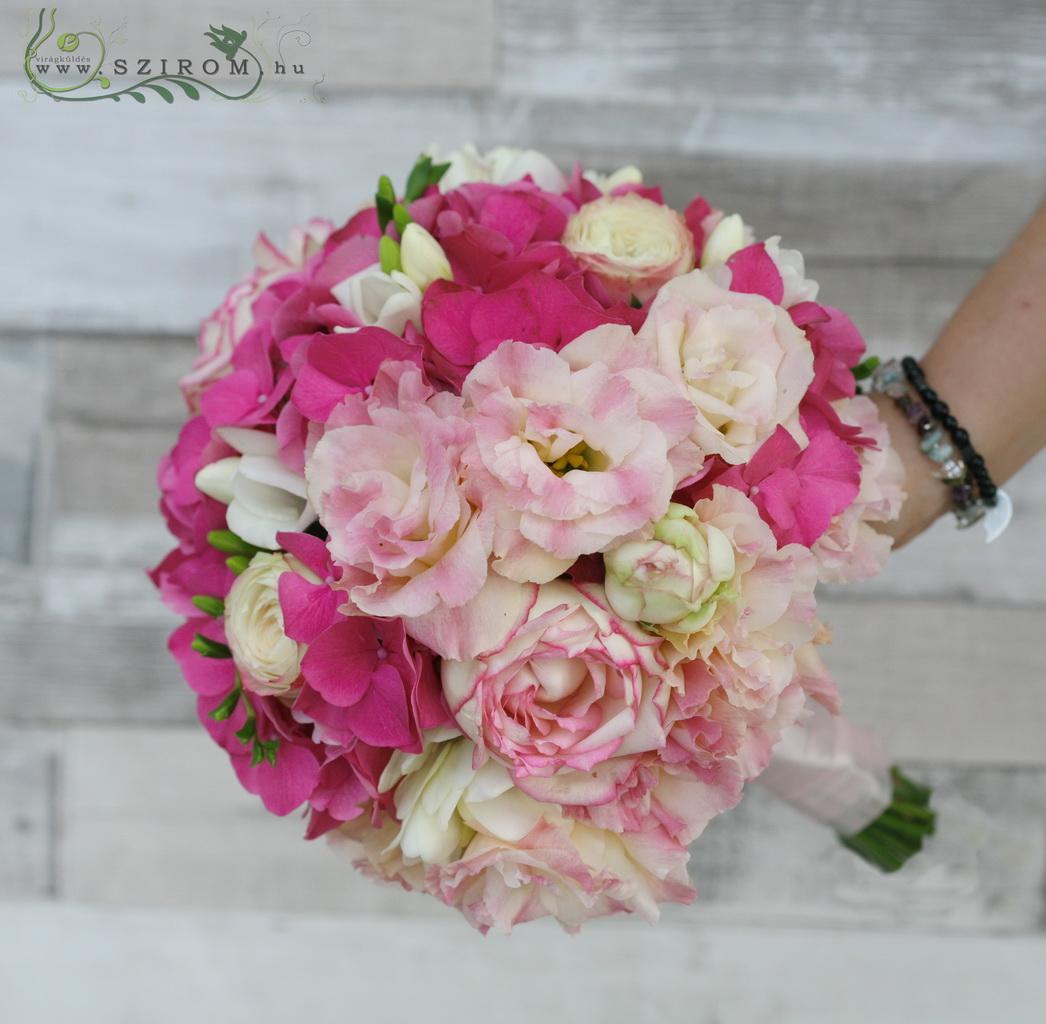 flower delivery Budapest - Bridal bouquet with pink hydrangeas, lisianthusses, roses (freesia, white, pink)