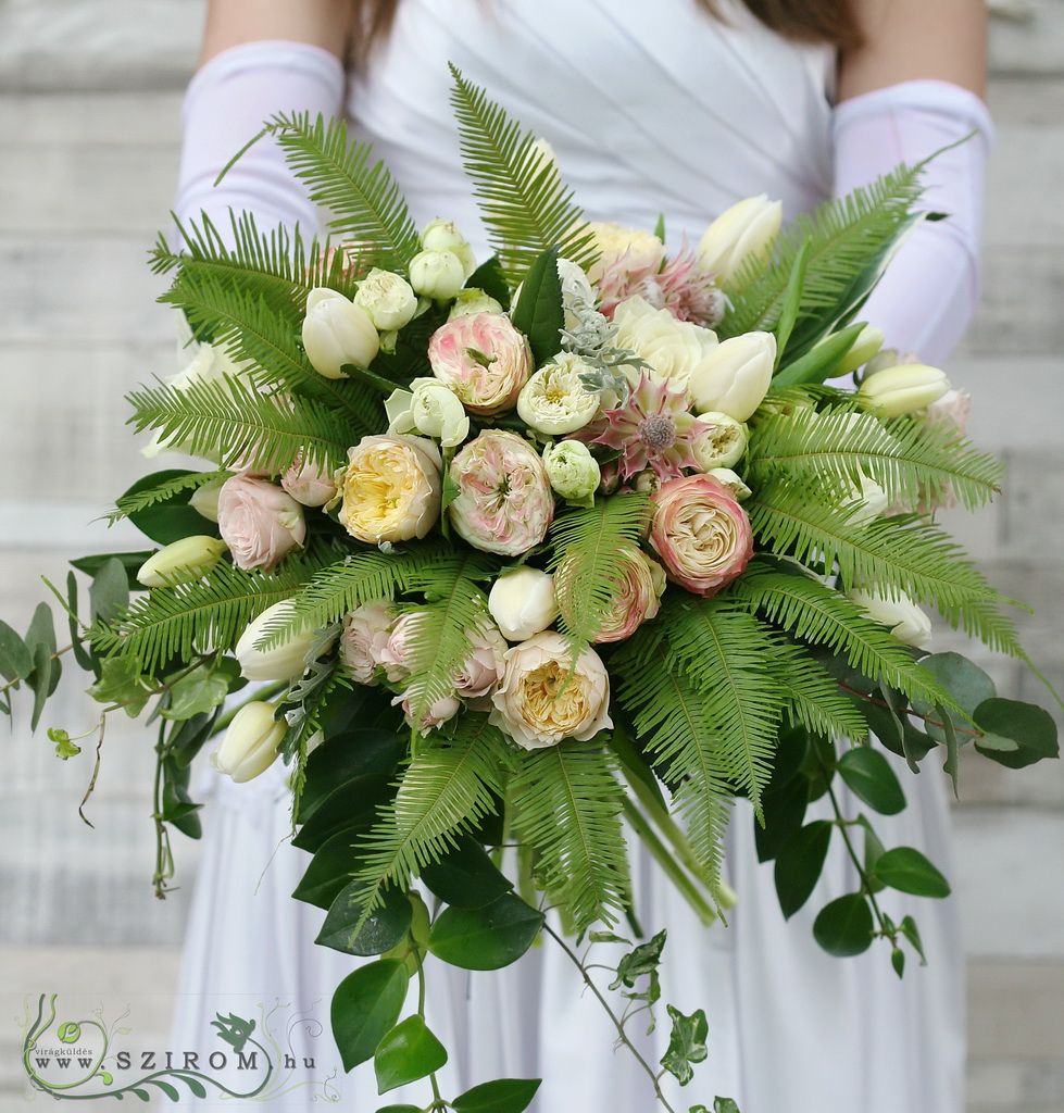 flower delivery Budapest - Bridal bouquet rustic harden with ferns (English rose, mini protea, tulip, white, pink)