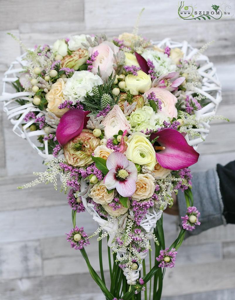flower delivery Budapest - Bridal bouquet in heart shape (Anemone, English rose, bushy rose, ranunculus, calla, eryngium, limonium, hypericum, pink, white)