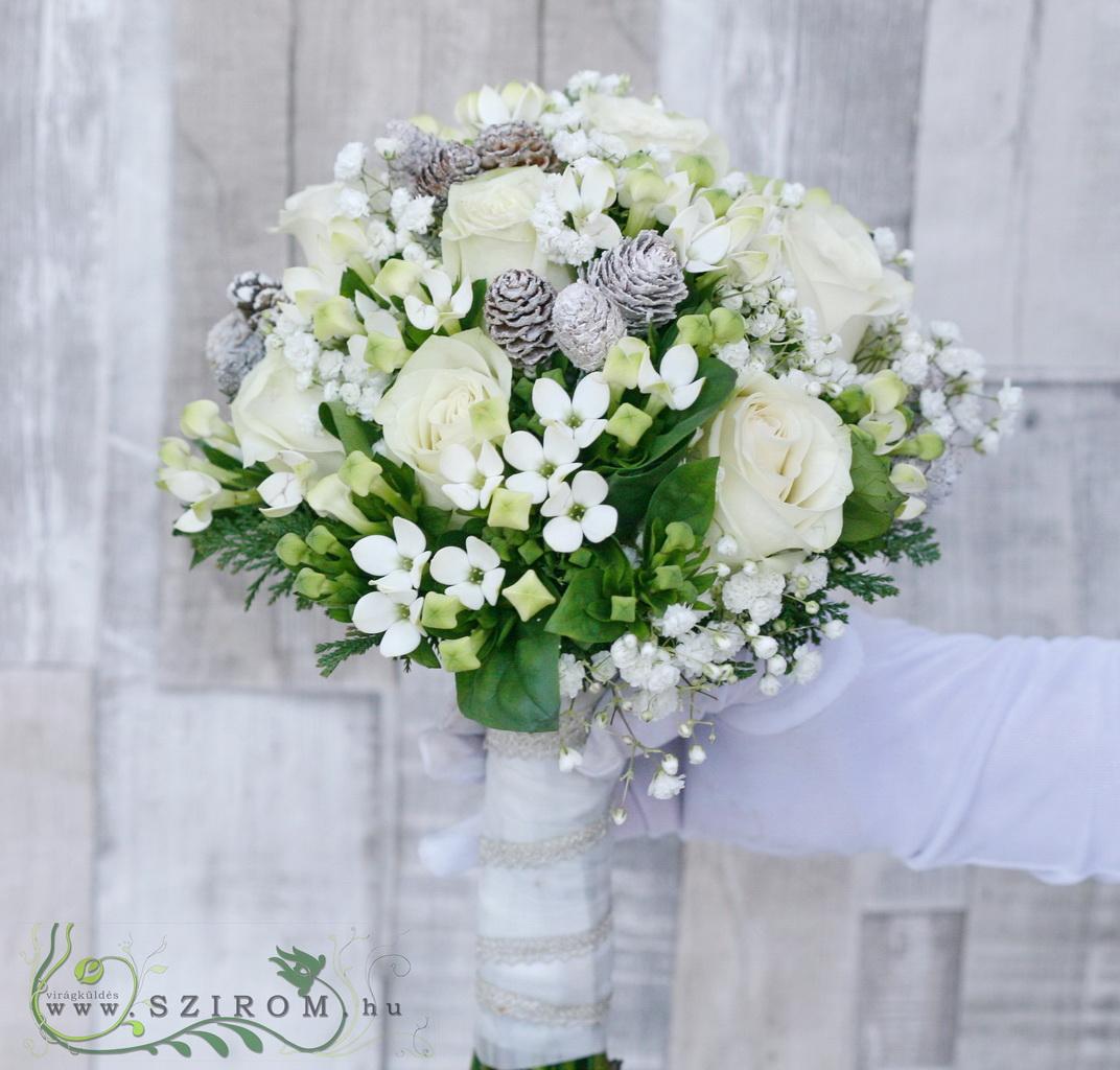 flower delivery Budapest - Bridal bouquet for winter wedding (rose, bouvard, pine, gypsophila, white)