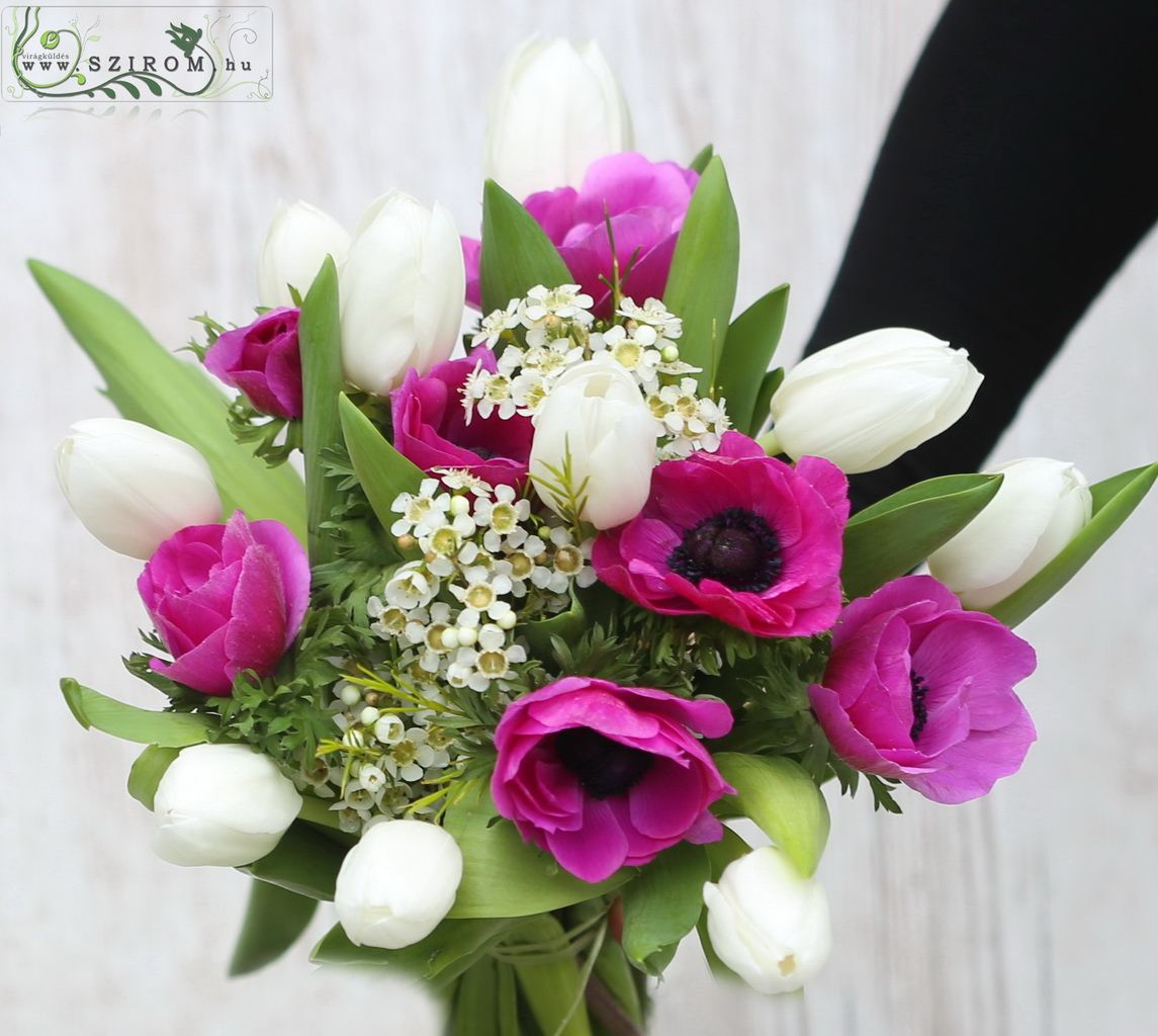 flower delivery Budapest - Bridal bouquet (tulips, anemone, wax, white, pink)