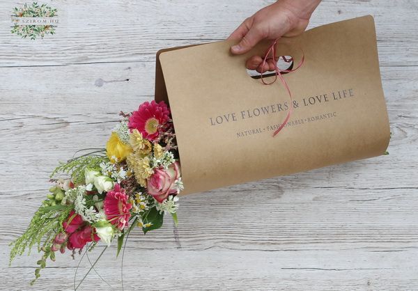 flower delivery Budapest - Natural bouquet with seasonal flowers, in hand held craftpaper (23 stems)