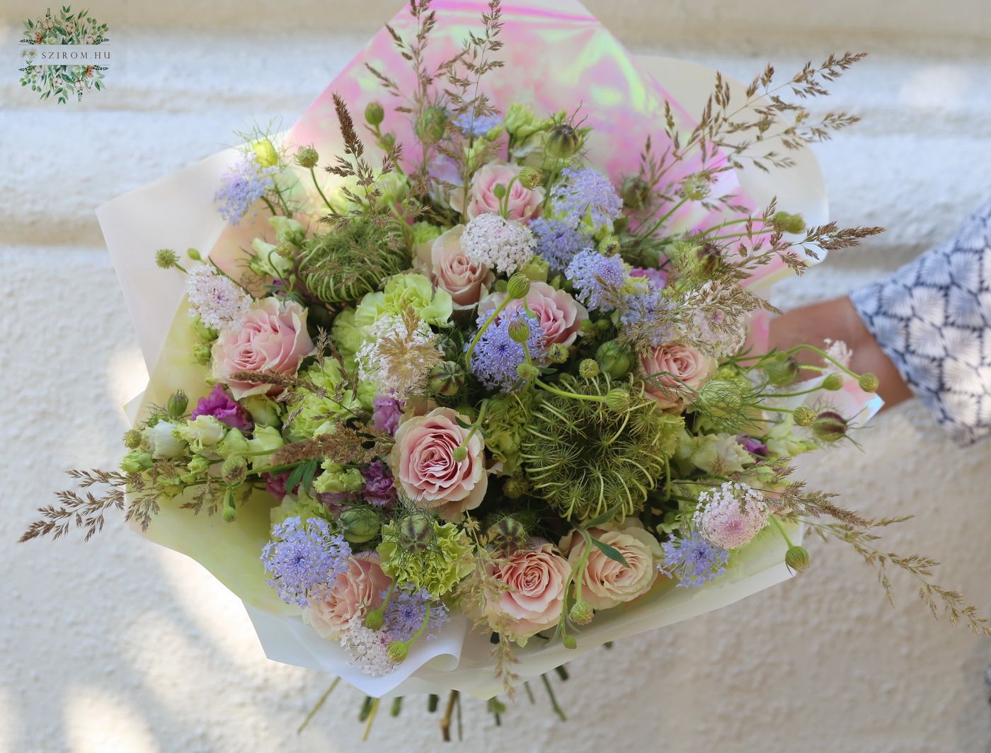 flower delivery Budapest - Summer pink bouquet with pastel colors, small flowers, roses (54 stems)