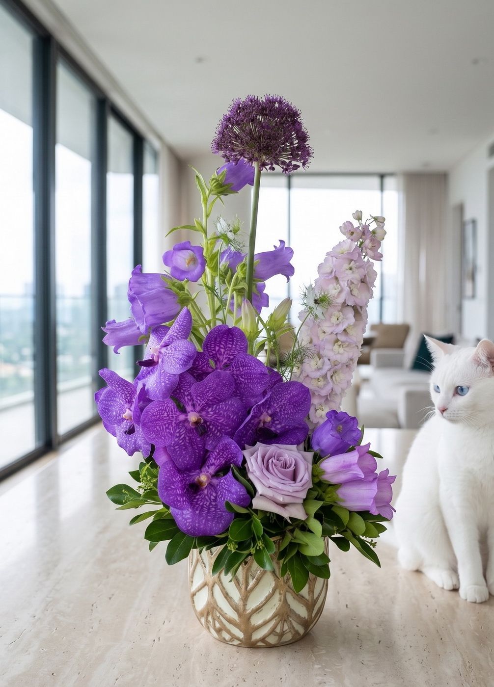 Blumenlieferung nach Budapest - Vanda-Orchideenstiel mit lila Blüten in einem schönen Topf