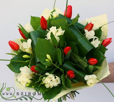 flower delivery Budapest - red tulips with white freesias (20 stems)
