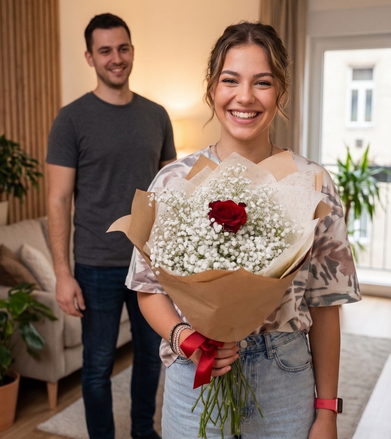 flower delivery Budapest - Gypsophila (babys breath ) bouquet with red rose (15 +1 stems)