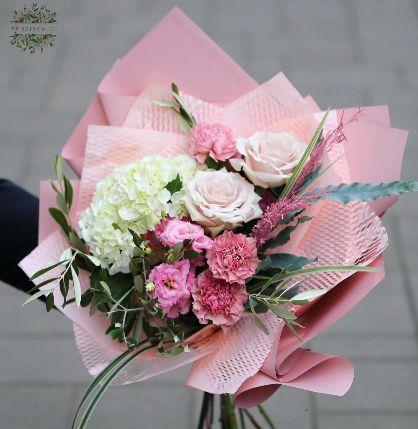 Blumenlieferung nach Budapest - Rosa Strauß mit Hortensie, Rose und Lisianthus