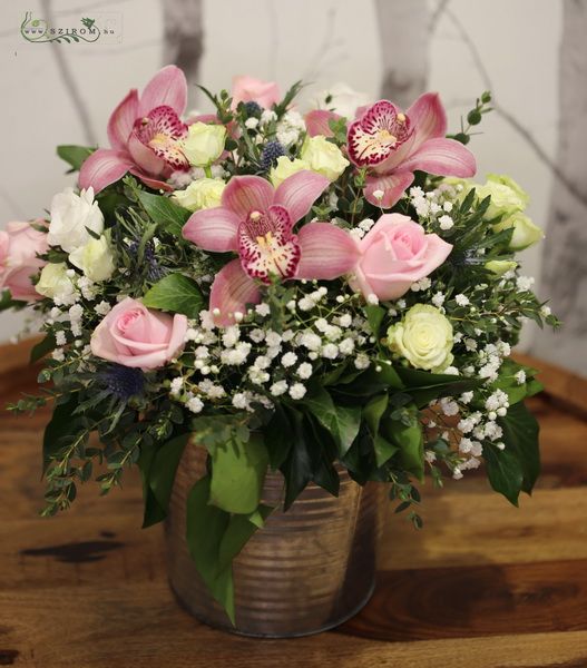 flower delivery Budapest - Flower arrangement in tin pot with pink orchids (22 stems)