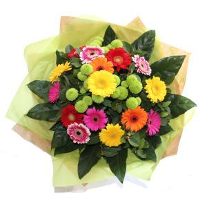Virágküldés Budapest - színes gerbera, gombkrizi csokor (20 szál)