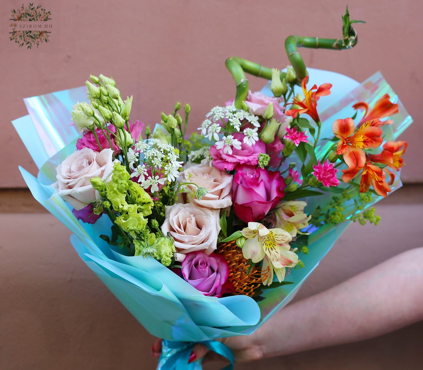 flower delivery Budapest - Colorful crescent moon bouquet with lucky bamboo, turquoise paper (18 stems)
