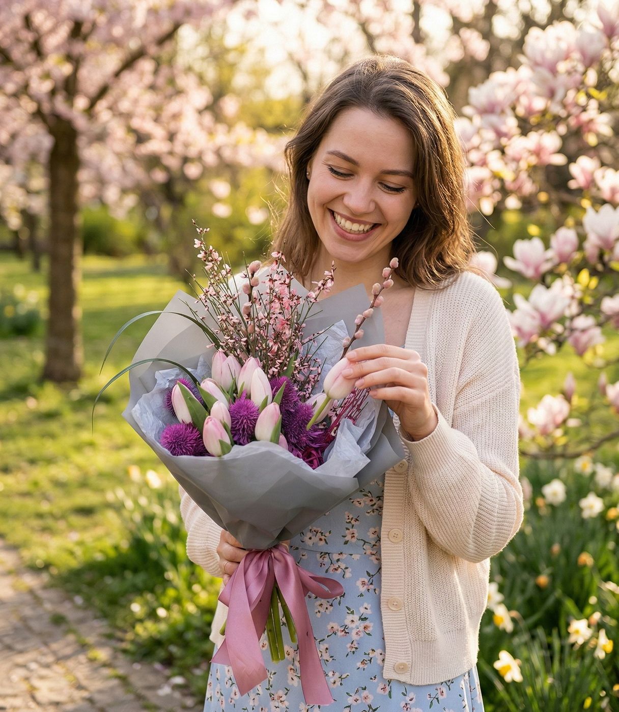 Blumenlieferung nach Budapest - Frühlings-Tulpenstrauß  (13 Stiele + kleine Blüten)