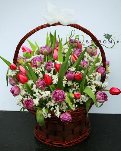 flower delivery Budapest - tulip basket with small white flowers (50 + 15 stems)