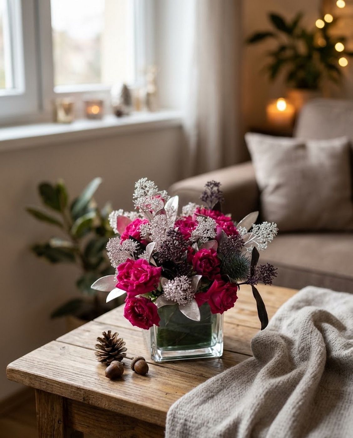 flower delivery Budapest - Glass cube with pink sprayroses, skimmias