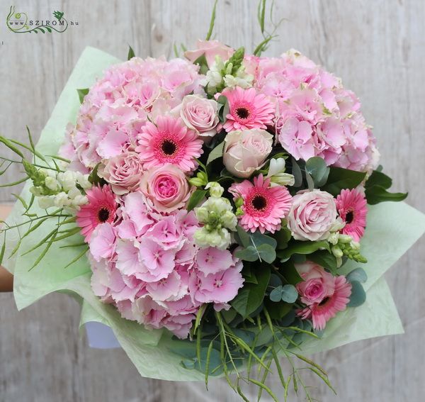 Blumenlieferung nach Budapest - Großer rosa runder Strauß mit Hortensien, Rosen, Gerbera (21 Stiele)